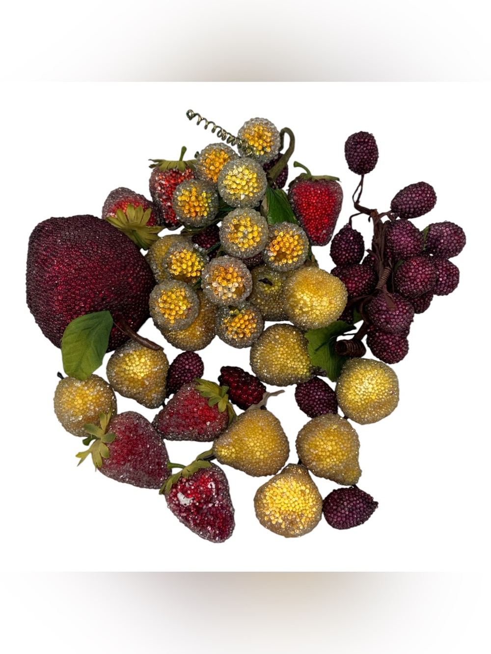 Vtg Beaded Sugared Glittered Faux Fruit Grapes Clusters Strawberries Pears MCM